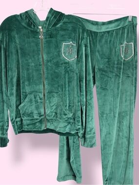 Teen Fitness Velour Tracksuit Set Green Hoodie & Pants Y2K Matching Set